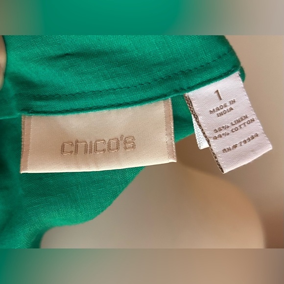 Beaded Chico’s green & white linen/cotton blouse, intricate bead work, beautiful - Picture 5 of 8